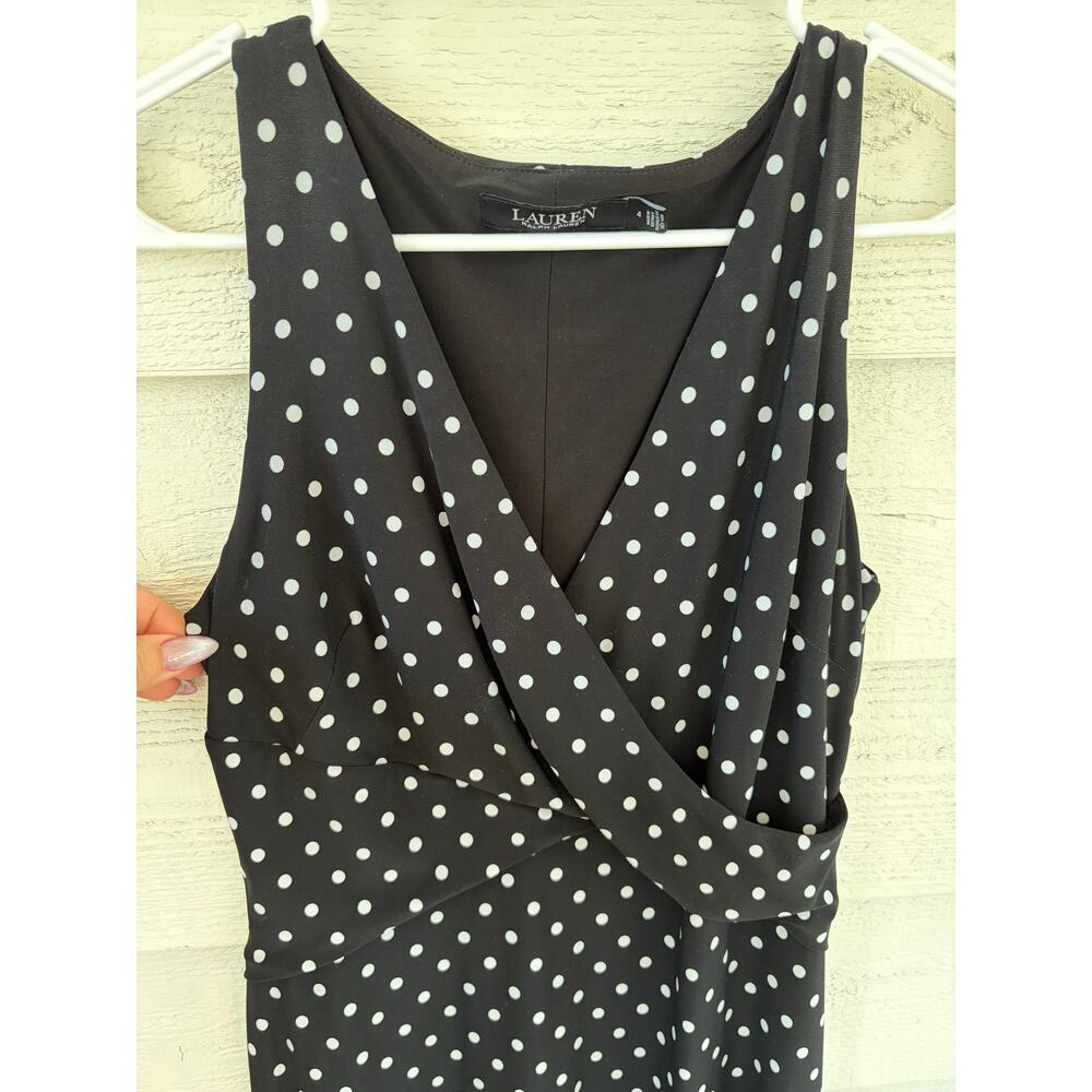 Lauren Ralph Lauren Black Polka Dot Dress | Sleeveless Wrap Style Midi Size 4 - Picture 3 of 8